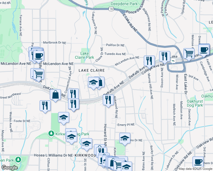 map of restaurants, bars, coffee shops, grocery stores, and more near 291 Oxford Place Northeast in Atlanta