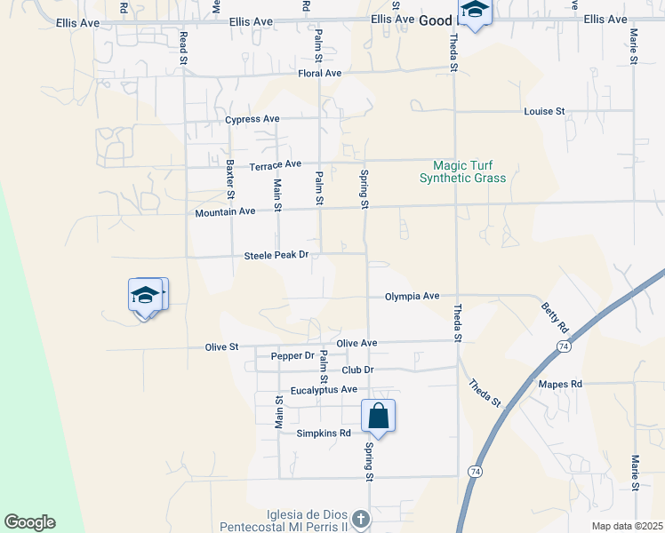 map of restaurants, bars, coffee shops, grocery stores, and more near 21657 Steele Peak Drive in Perris