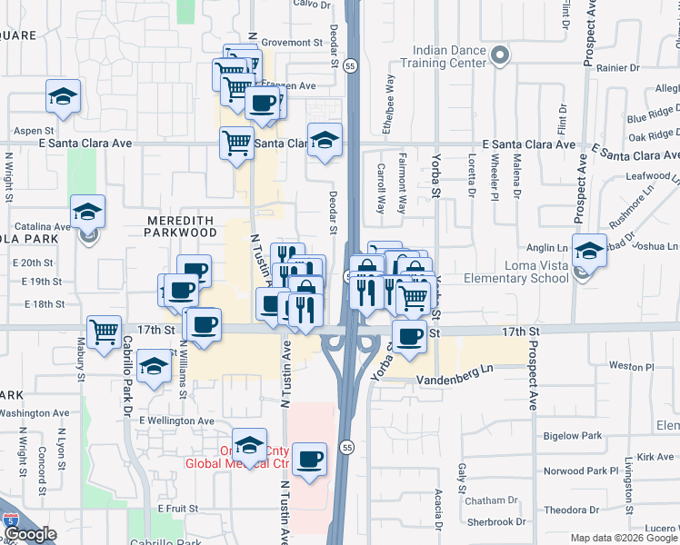 map of restaurants, bars, coffee shops, grocery stores, and more near 13832 Deodar Street in Santa Ana