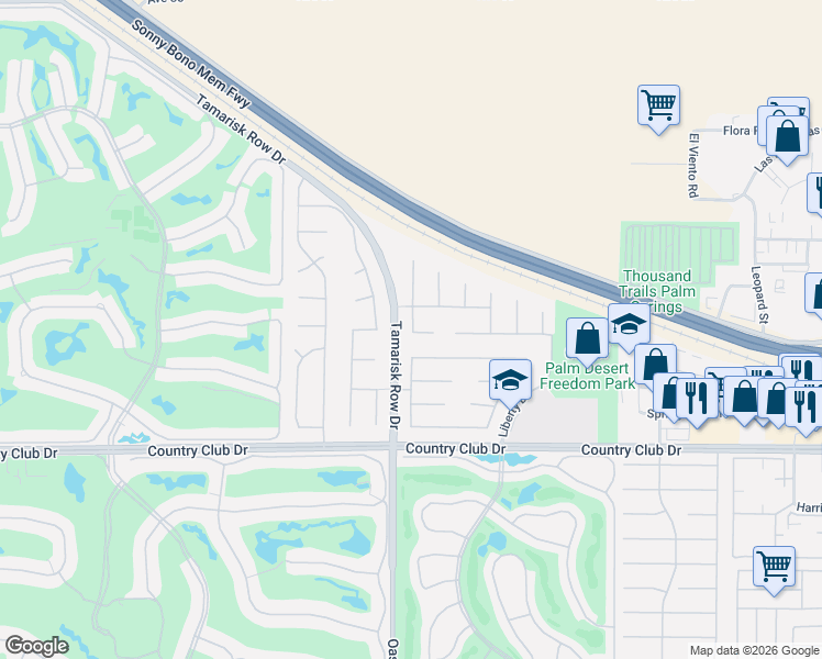 map of restaurants, bars, coffee shops, grocery stores, and more near 126 Romanza Lane in Palm Desert