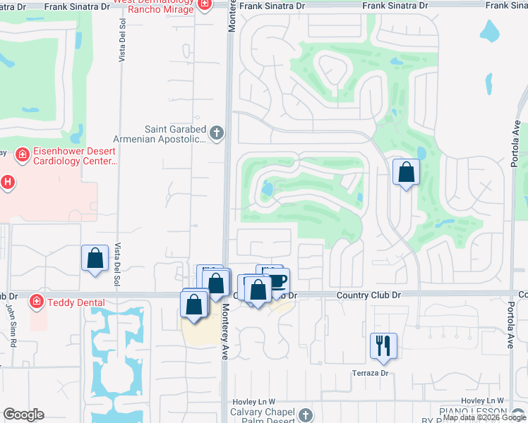 map of restaurants, bars, coffee shops, grocery stores, and more near 73450 Country Club Drive in Palm Desert