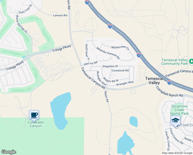 map of restaurants, bars, coffee shops, grocery stores, and more near 10081 Wrangler Way in Corona
