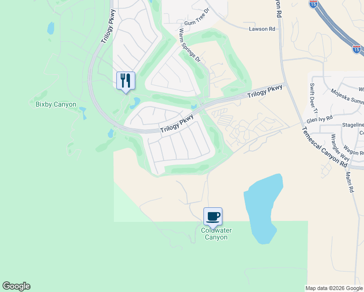 map of restaurants, bars, coffee shops, grocery stores, and more near 24613 Littlehorn Drive in Corona