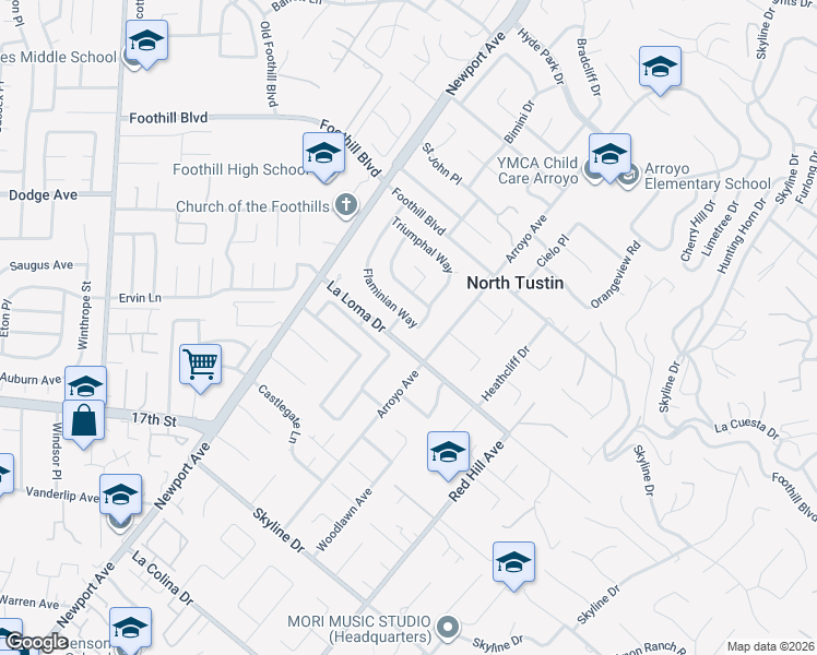 map of restaurants, bars, coffee shops, grocery stores, and more near 11672 Pincian Way in Santa Ana