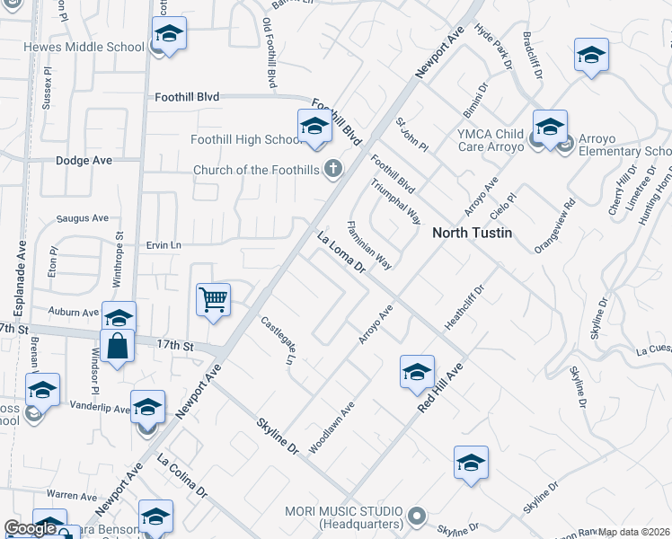 map of restaurants, bars, coffee shops, grocery stores, and more near 1132 Huntridge Road in Santa Ana