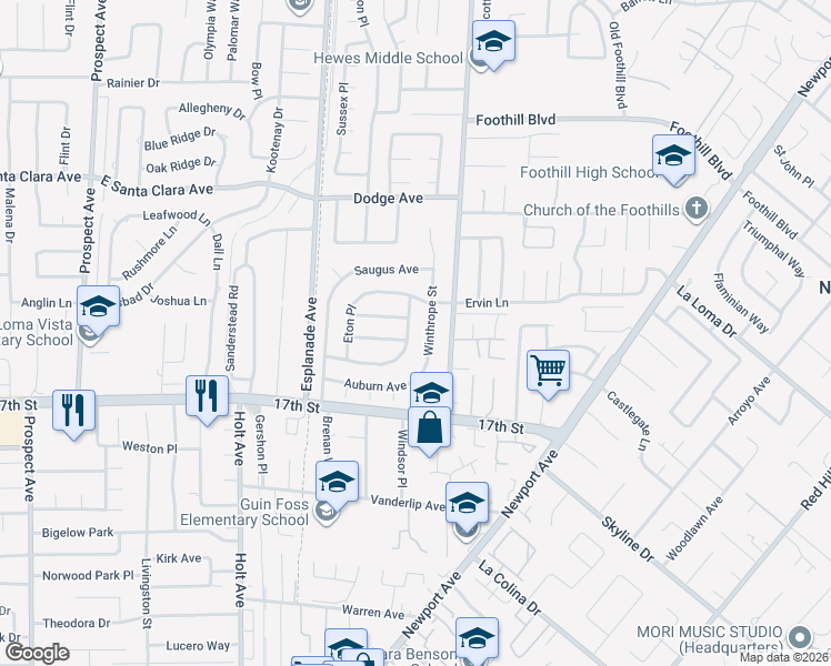 map of restaurants, bars, coffee shops, grocery stores, and more near 13852 Winthrope Street in Santa Ana