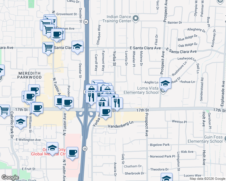 map of restaurants, bars, coffee shops, grocery stores, and more near 13811 Palace Way in Tustin