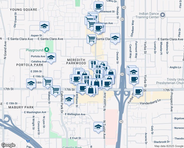 map of restaurants, bars, coffee shops, grocery stores, and more near 2125 East 20th Street in Santa Ana