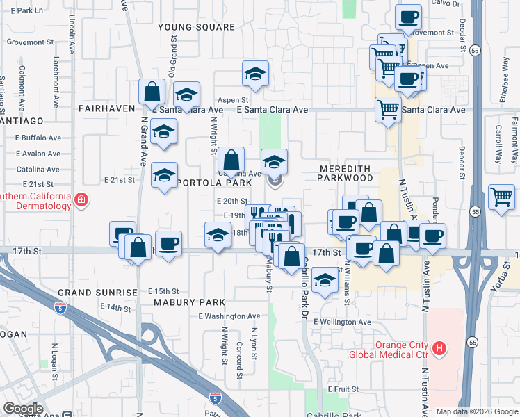 map of restaurants, bars, coffee shops, grocery stores, and more near 1902 Mabury Street in Santa Ana