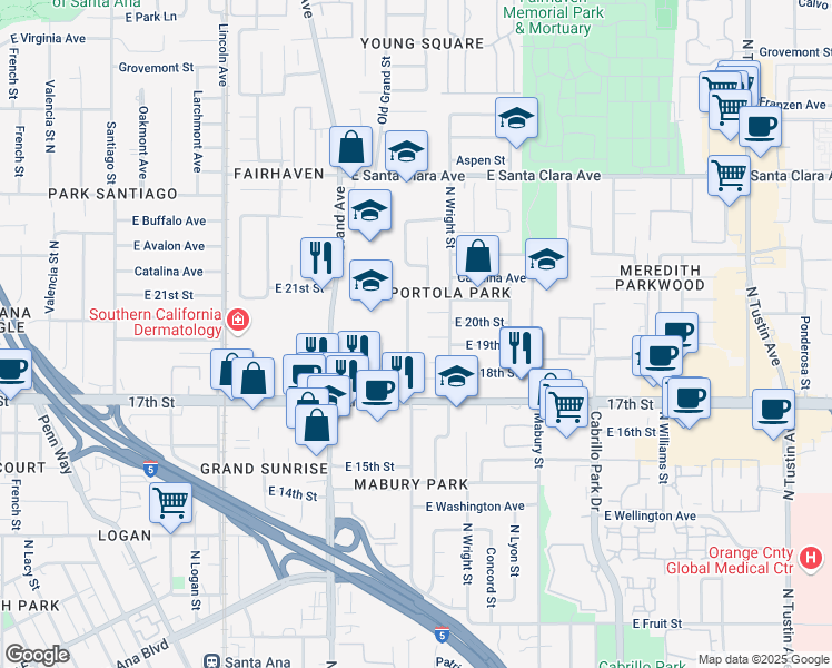 map of restaurants, bars, coffee shops, grocery stores, and more near 1910 North Linwood Avenue in Santa Ana