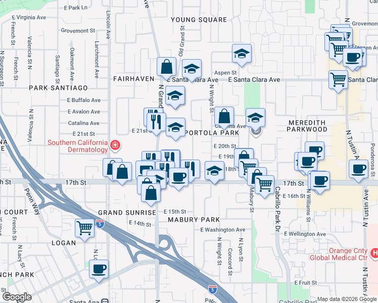 map of restaurants, bars, coffee shops, grocery stores, and more near 1910 North Linwood Avenue in Santa Ana