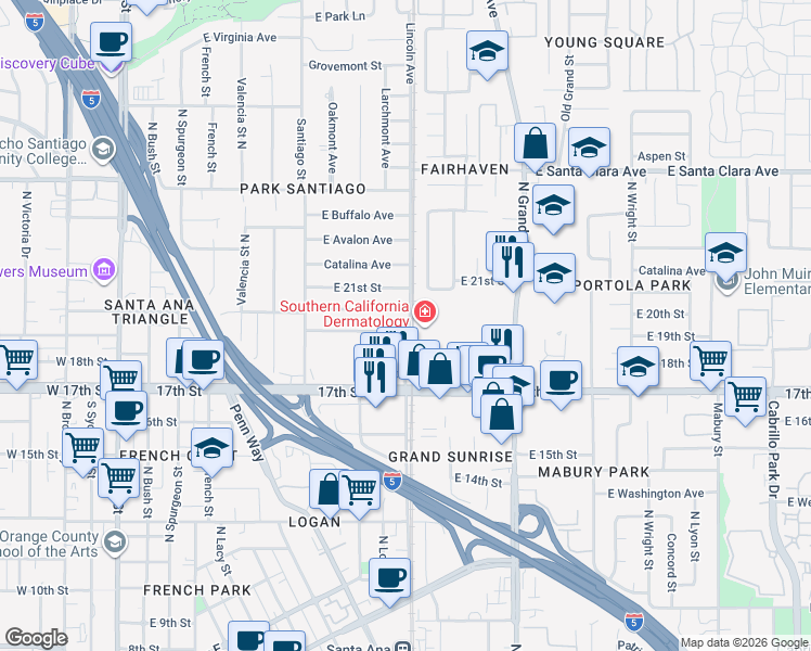 map of restaurants, bars, coffee shops, grocery stores, and more near 1013 East 19th Street in Santa Ana