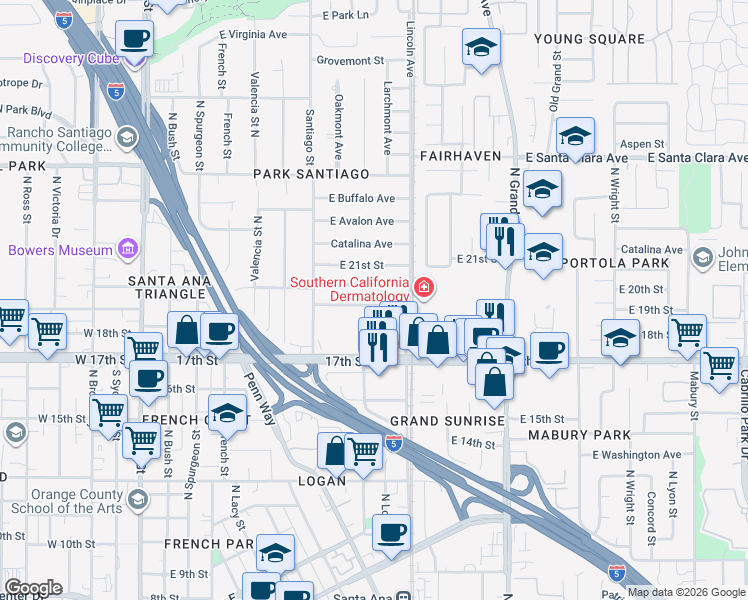 map of restaurants, bars, coffee shops, grocery stores, and more near 901 East 19th Street in Santa Ana