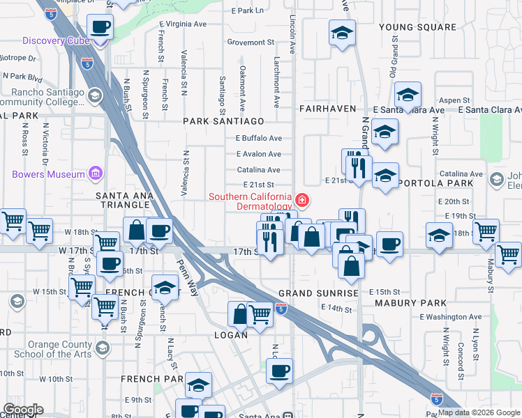 map of restaurants, bars, coffee shops, grocery stores, and more near 901 East 19th Street in Santa Ana
