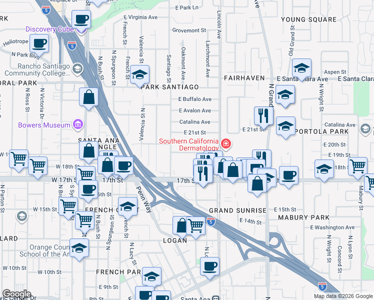 map of restaurants, bars, coffee shops, grocery stores, and more near 709 East 19th Street in Santa Ana