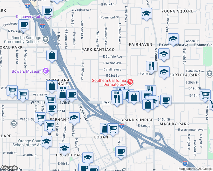 map of restaurants, bars, coffee shops, grocery stores, and more near 709 East 19th Street in Santa Ana