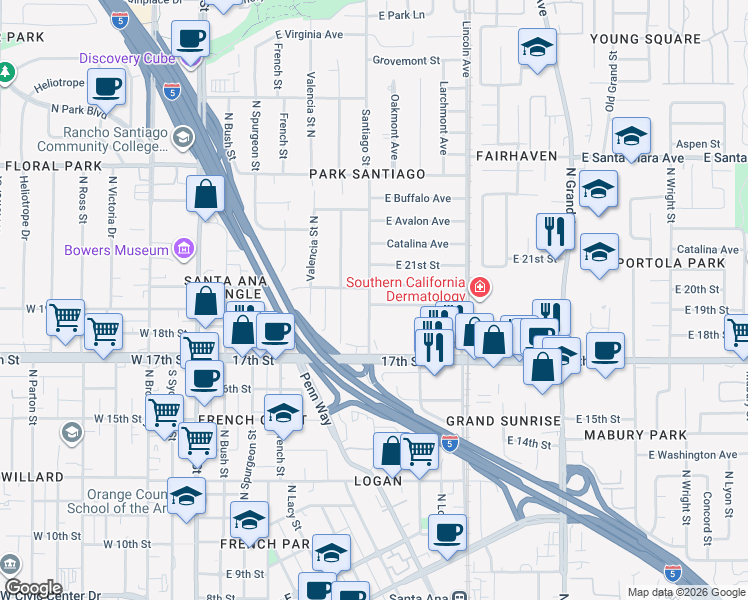 map of restaurants, bars, coffee shops, grocery stores, and more near 709 East 19th Street in Santa Ana