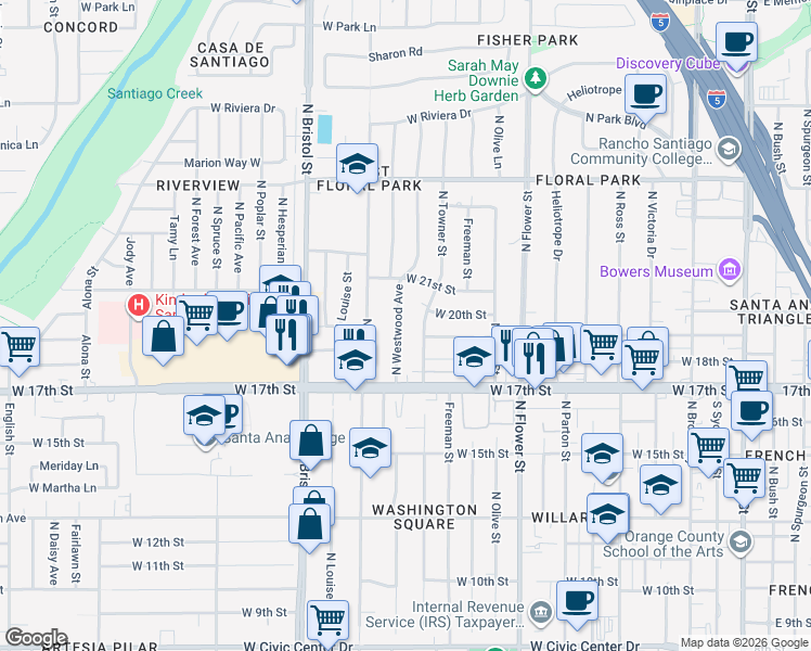 map of restaurants, bars, coffee shops, grocery stores, and more near 1902 North Towner Street in Santa Ana