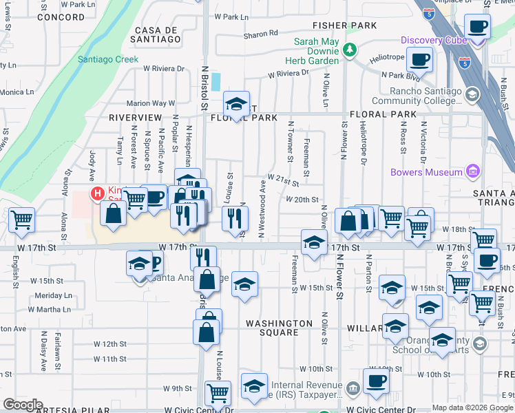 map of restaurants, bars, coffee shops, grocery stores, and more near 1915 North Baker Street in Santa Ana