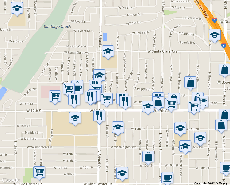 map of restaurants, bars, coffee shops, grocery stores, and more near 1809 North Louise Street in Santa Ana