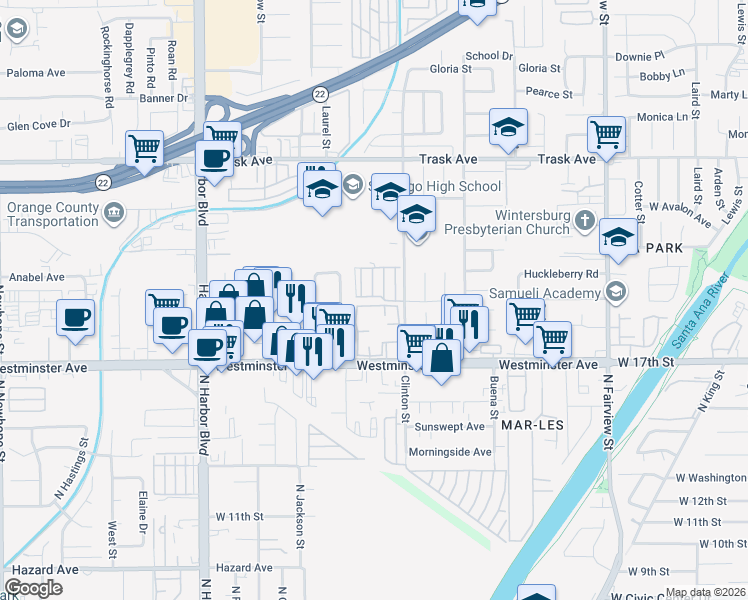 map of restaurants, bars, coffee shops, grocery stores, and more near 13852 Harper Street in Santa Ana