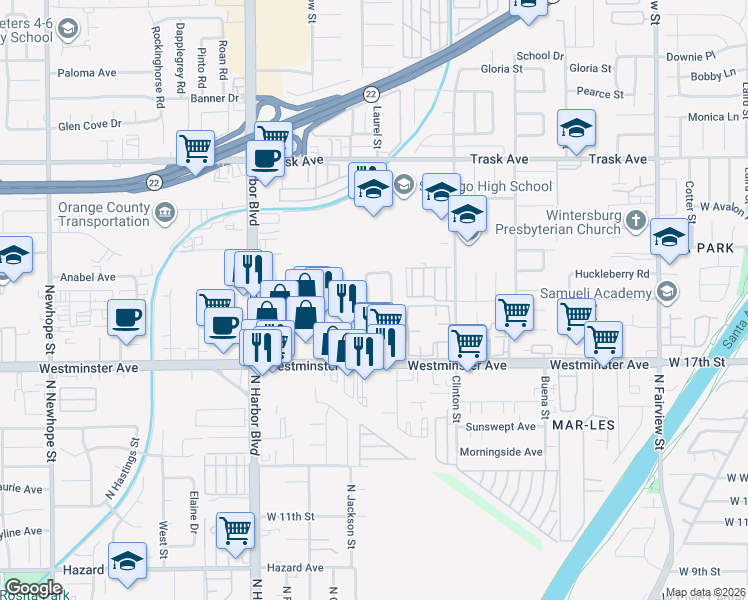 map of restaurants, bars, coffee shops, grocery stores, and more near 13852 Laurel Street in Santa Ana