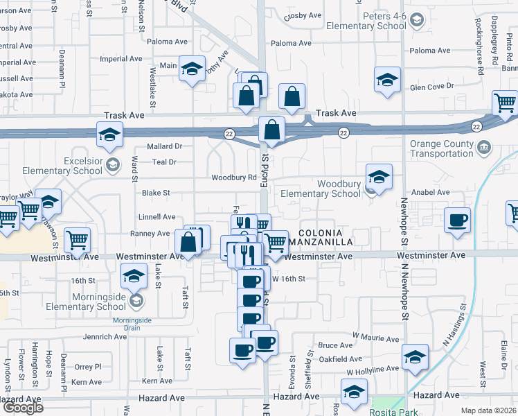 map of restaurants, bars, coffee shops, grocery stores, and more near 11012 Cynthia Circle in Garden Grove