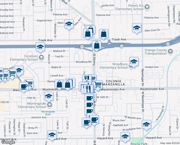 map of restaurants, bars, coffee shops, grocery stores, and more near 10912 Mansor Avenue in Garden Grove