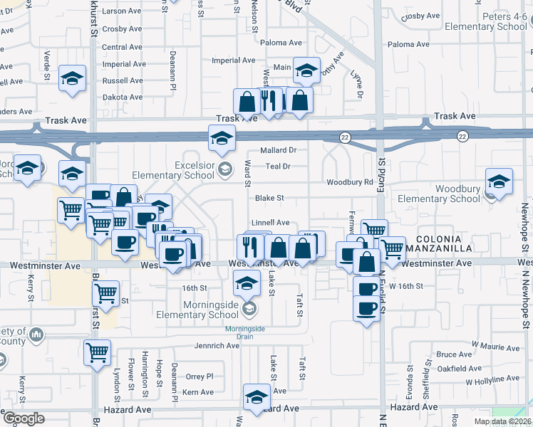 map of restaurants, bars, coffee shops, grocery stores, and more near 13801 Howard Circle in Garden Grove