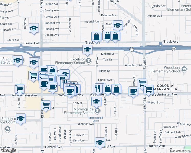 map of restaurants, bars, coffee shops, grocery stores, and more near 13812 Merello Street in Garden Grove