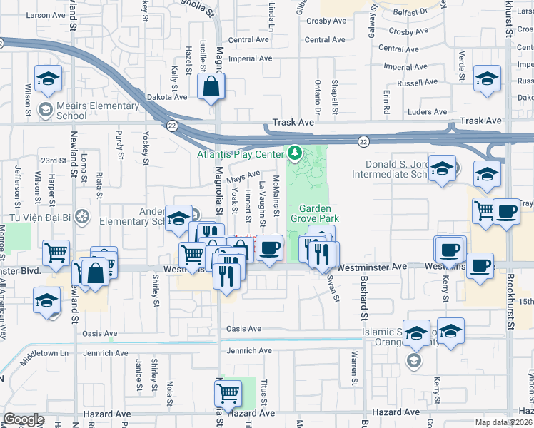 map of restaurants, bars, coffee shops, grocery stores, and more near 13811 McMains Street in Garden Grove
