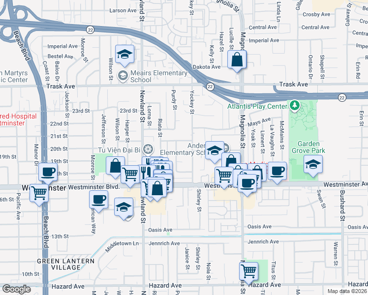 map of restaurants, bars, coffee shops, grocery stores, and more near 8671 Hewitt Lane in Garden Grove