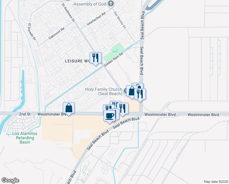 map of restaurants, bars, coffee shops, grocery stores, and more near 13860 Saint Andrews Drive in Seal Beach