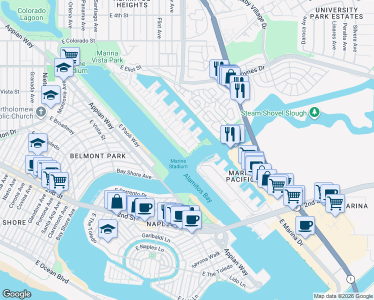 map of restaurants, bars, coffee shops, grocery stores, and more near 304 Smugglers Cove in Long Beach
