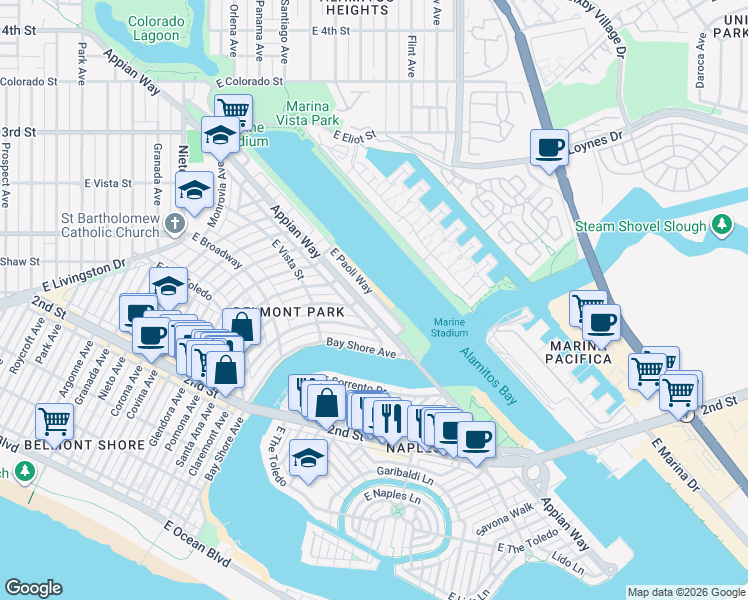 map of restaurants, bars, coffee shops, grocery stores, and more near 5363 Appian Way in Long Beach