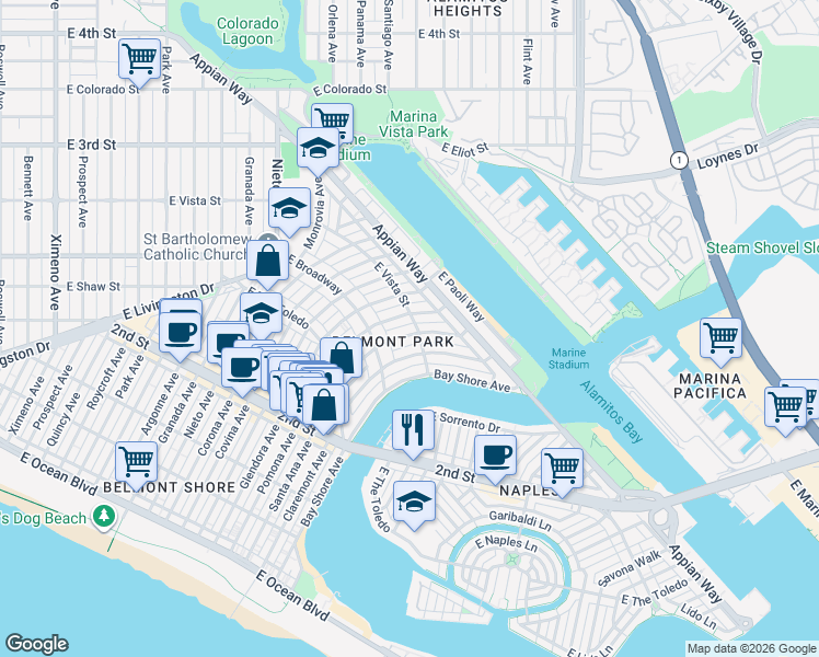 map of restaurants, bars, coffee shops, grocery stores, and more near in Long Beach