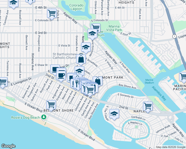 map of restaurants, bars, coffee shops, grocery stores, and more near 255 Glendora Avenue in Long Beach