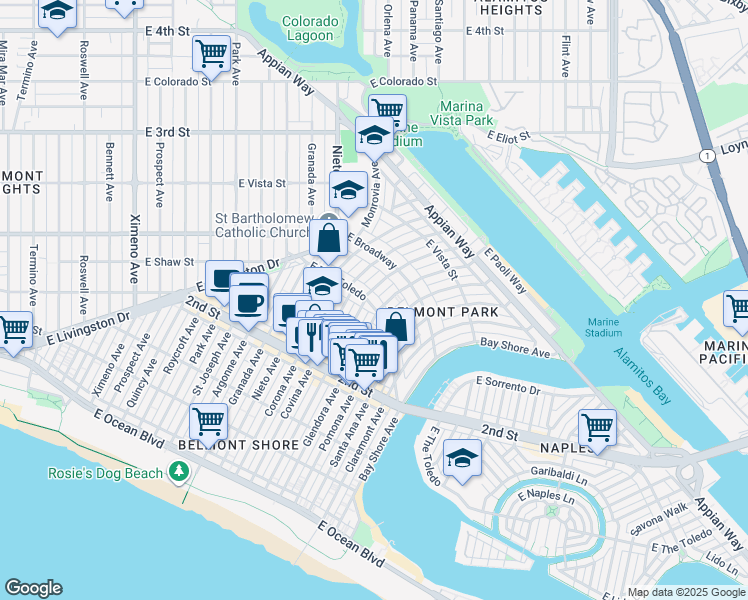 map of restaurants, bars, coffee shops, grocery stores, and more near 255 Glendora Avenue in Long Beach
