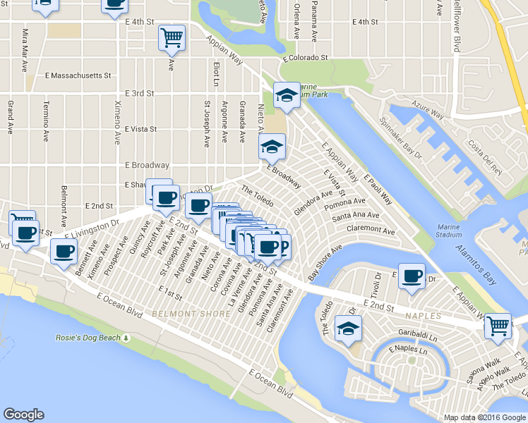 map of restaurants, bars, coffee shops, grocery stores, and more near 248 Covina Avenue in Long Beach