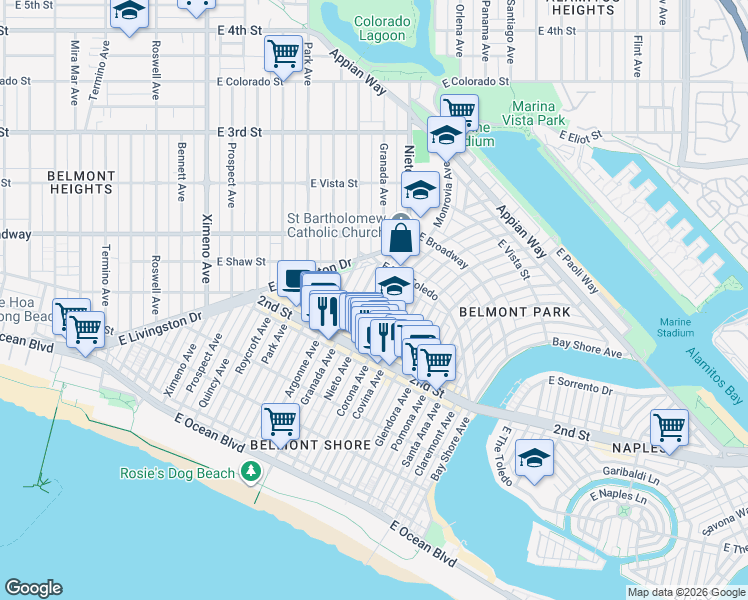 map of restaurants, bars, coffee shops, grocery stores, and more near 234 Nieto Avenue in Long Beach