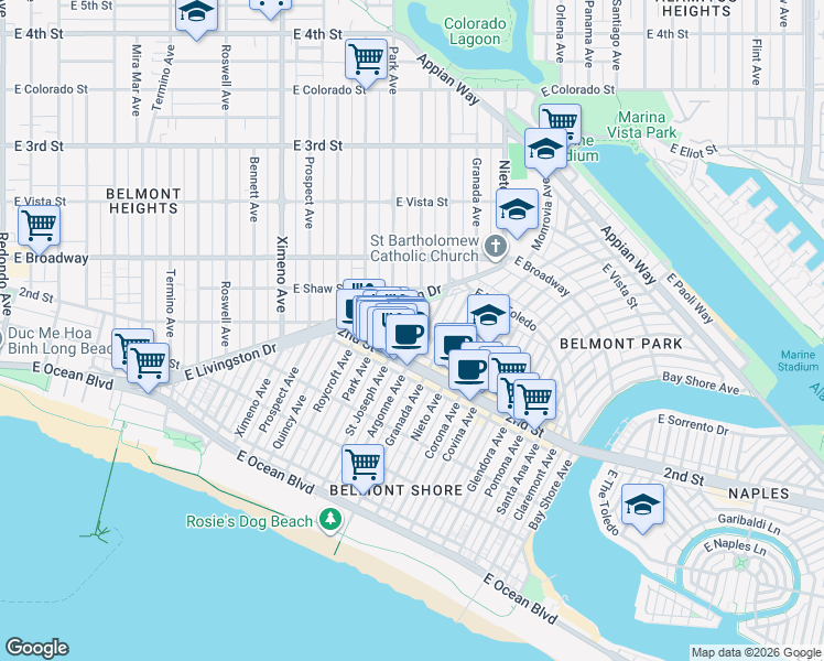 map of restaurants, bars, coffee shops, grocery stores, and more near 4818 2nd Street in Long Beach