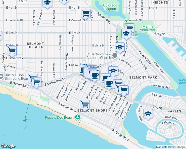 map of restaurants, bars, coffee shops, grocery stores, and more near 4818 2nd Street in Long Beach