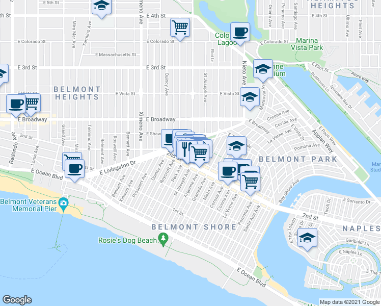 map of restaurants, bars, coffee shops, grocery stores, and more near 4818 2nd Street in Long Beach