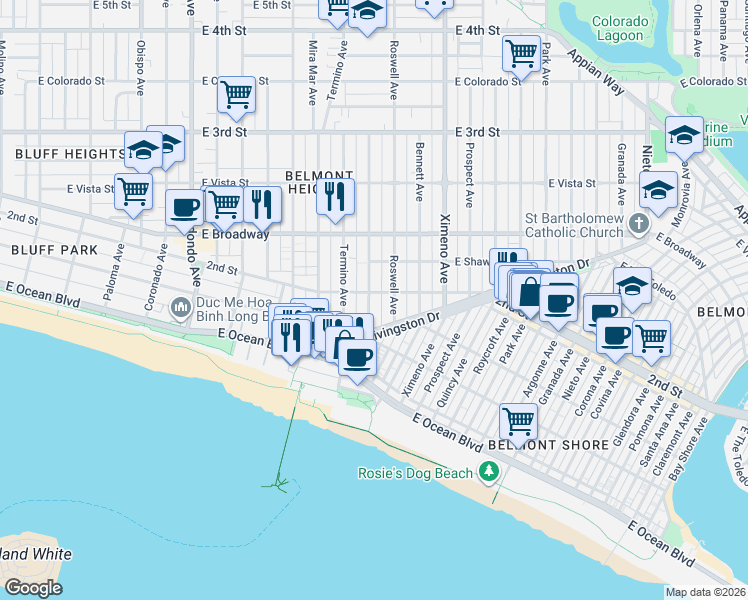map of restaurants, bars, coffee shops, grocery stores, and more near 126 Belmont Avenue in Long Beach