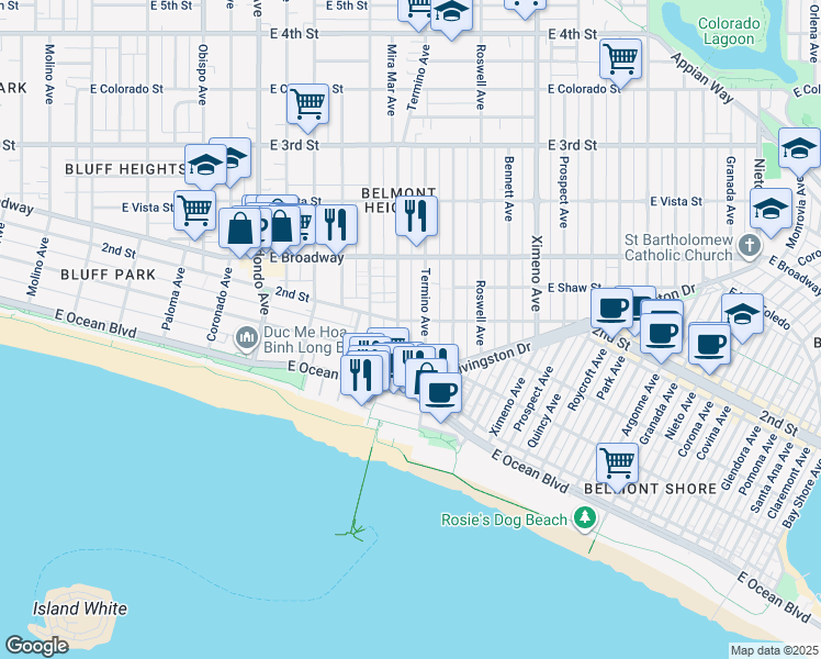 map of restaurants, bars, coffee shops, grocery stores, and more near 123 Termino Avenue in Long Beach