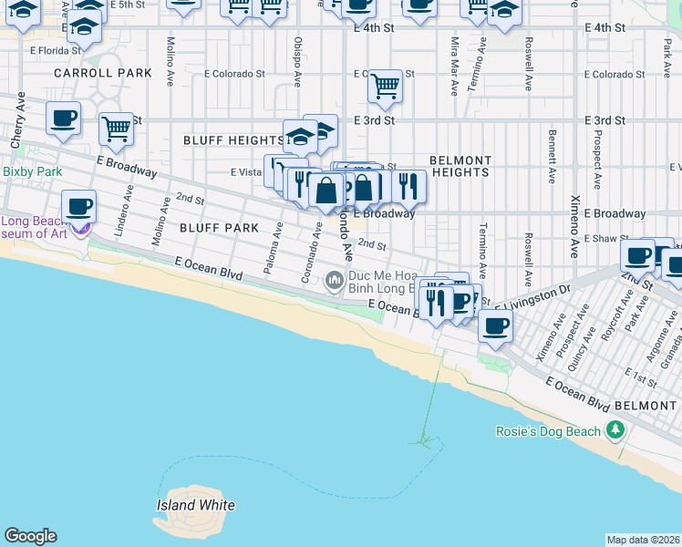 map of restaurants, bars, coffee shops, grocery stores, and more near in Long Beach