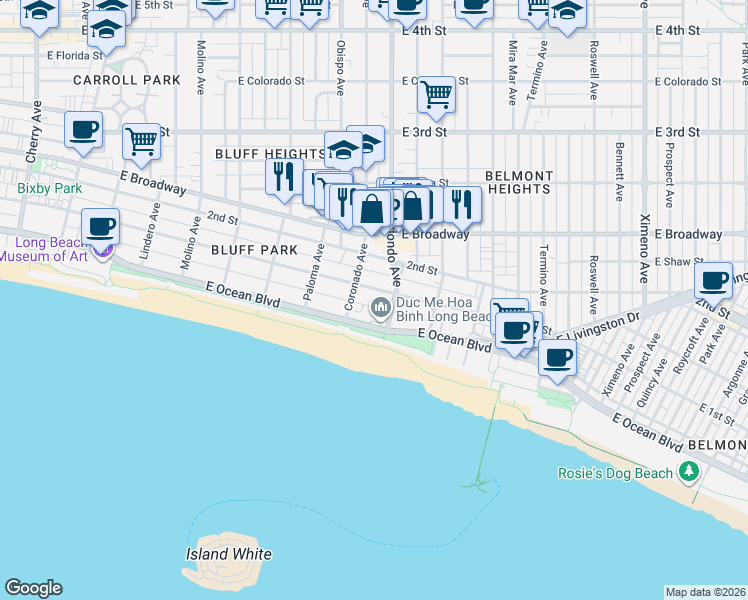 map of restaurants, bars, coffee shops, grocery stores, and more near 3334 East 1st Street in Long Beach