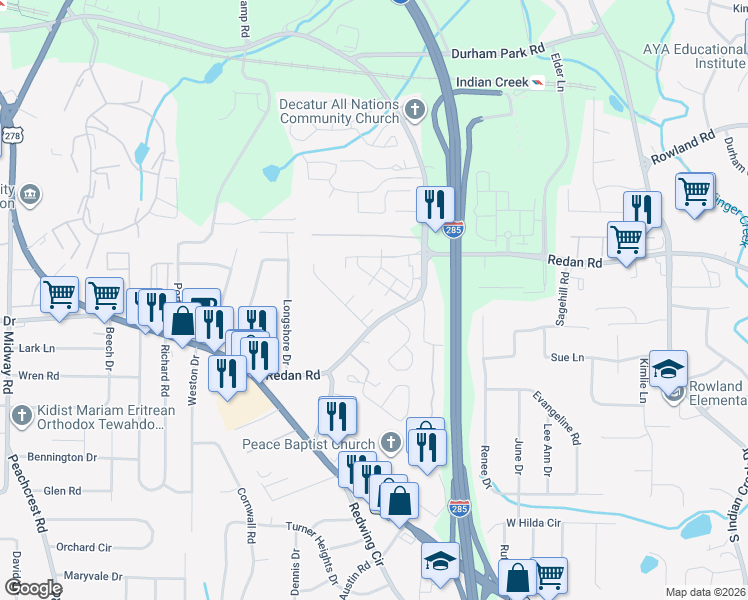 map of restaurants, bars, coffee shops, grocery stores, and more near 1116 Oakwood Manor Court in Decatur