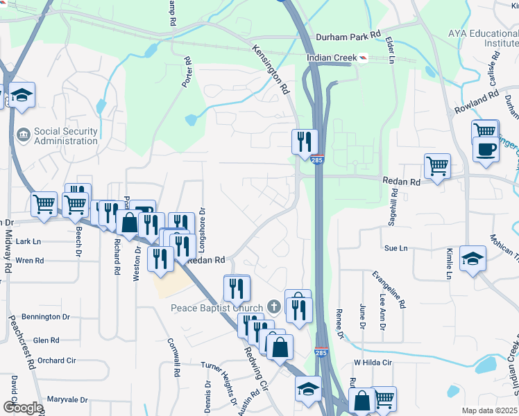 map of restaurants, bars, coffee shops, grocery stores, and more near 1119 Oakwood Manor Court in Decatur