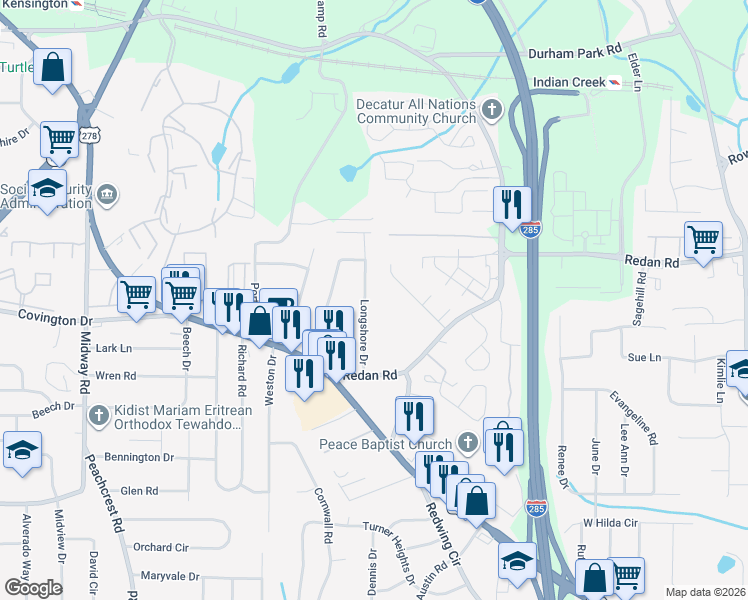 map of restaurants, bars, coffee shops, grocery stores, and more near 3715 Oakwood Manor in Decatur